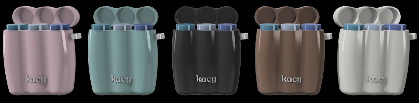 kacy cases in five colors, open with three tubes inside